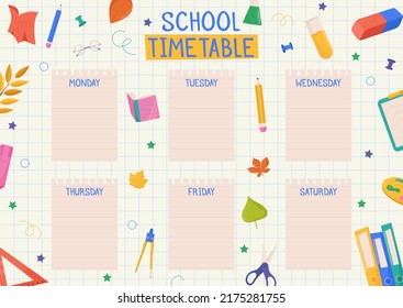 Cute childish school timetable, weekly classes schedule for kids with school supplies. Printable planner, diary for student. Stationery set for children. To Do List.