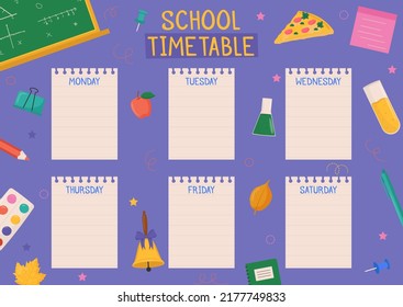 Cute childish school timetable, weekly classes schedule for kids with school supplies. Printable planner, diary for student. Stationery set for children. To Do List.