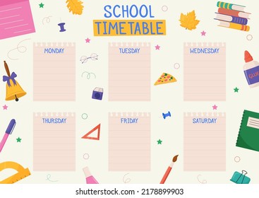 Cute childish school timetable, weekly classes schedule for kids with school supplies. Printable planner, diary for student. Stationery set for children. To Do List.