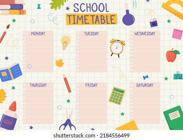 Cute childish school timetable, weekly classes schedule for kids with school supplies. Printable planner, diary for student. Stationery set for children. To Do List.