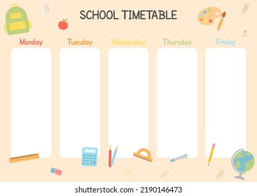 Cute Childish School Timetable. Weekly Planner For Students, Pupils With Days Week, School Study Organizer Vector Template With Cartoon School Objects And Symbols. Printable Planner, Diary For Student