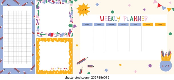 Kleine Kinderschulzeiten, Wochenunterricht für Kinder mit Schulbedarf. Printable Planer, Tagebuch für Studierende. Stationery Set für Kinder. aufzulisten.