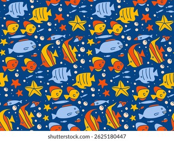 Cute childish sea fish seamless pattern. Vector cartoon characters in ocean. Tropical fish. Flat vector illustration.