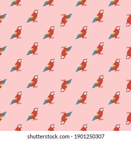 Cute childish seamless animal pattern with red parrot ara ornament. Pink background. Bird doodle artwork. Stock illustration. Vector design for textile, fabric, giftwrap, wallpapers.