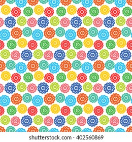 Cute childish seamless background abstract graphic ornament pattern with repeating bright flowers on the white (transparent) background. Vector eps illustration