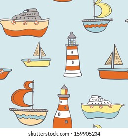 Cute childish seamless background with ships, boats and lighthouses. Boy texture. Cute fully editable travel illustration drawn in vector by hand.