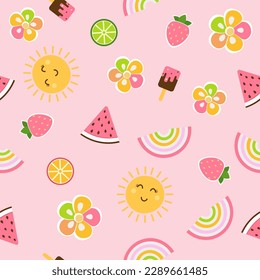 Cute childish seamless background with smiling sun, flowers and rainbow, ice cream, watermelon and strawberries.
