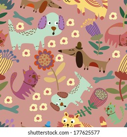 Cute childish seamless with funny pets in flowers. Seamless pattern can be used for wallpaper, pattern fills, web page background, surface textures.