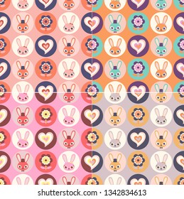 Cute childish seamless Funny rabbits in hearts and flowers.