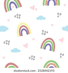 Cute childish seamless patter with cartoon rainbows, clouds and hearts on the white background.  Cute vector texture for kids bedding, fabric, wallpaper, wrapping paper, textile, t-shirt print