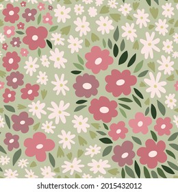 Cute childish seamless pattern with abstract flowers and leaves. Creative modern floral texture for fabric, wrapping, textile, wallpaper. Vector background with hand drawn flowers in simple style.