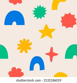 Cute childish seamless pattern with abstract shapes. Star, sun, rainbows. Colorful vector background in kidcore aesthetic