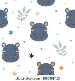 Cute childish seamless pattern with adorable hippo character with abstract elements around. Hand drawn Scandinavian style vector illustration.