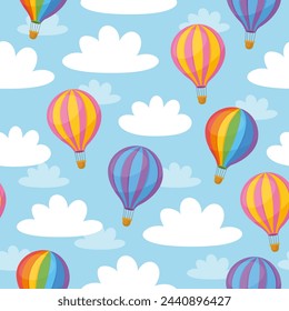 Cute childish seamless pattern. Air Balloons and clouds in the sky. Pink, blue and rainbow balloons. 