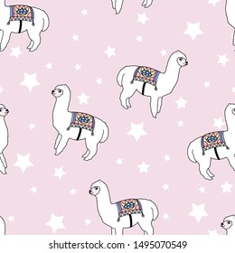 Cute childish seamless pattern with alpaca. Childish llama cartoon.