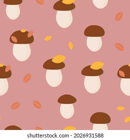 Cute childish seamless pattern of autumn leaves and mushrooms
