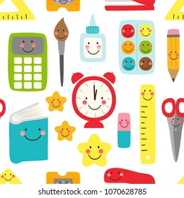 Cute childish seamless pattern Back to School supplies as smiling cartoon characters