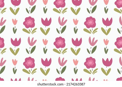 Un suave y suave fondo de patrón infantil con flores abstractas y hojas en un sencillo estilo escandinavo. Textura vectorial infantil creativa para tela, envoltura, textil, papel tapiz.
