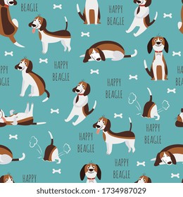 Cute childish seamless pattern with beagle dog or puppy flat vector illustration on blue background. Funny pets in endless texture for fabric and wallpaper prints.