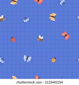 Cute childish seamless pattern with bee, butterfly and ladybug on a checkered background. Cartoon vector illustration. Nursery Print for textiles and paper.