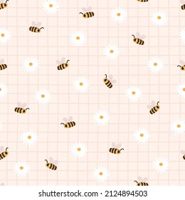 Cuidado patrón infantil sin costura con abejas y margaritas sobre un fondo a cuadros. Ilustración vectorial de dibujos animados. Impresión de guardería para textiles y papel.