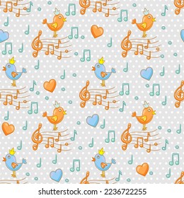 Cute childish seamless pattern with birds singing songs and stave with sheet music and treble clef. Vector background about nature and music