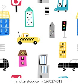 Cute childish seamless pattern with buildings and cars. Good for kids fabric, textile, nursery wallpaper. Seamless city landscape. Kids pattern.