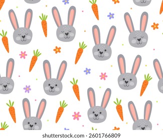 Cute childish seamless pattern, bunnies, carrots and spring flowers on a white background. Easter day.