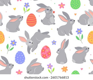 Cute childish seamless pattern, bunnies, easter eggs and flowers on a white background. Easter day.