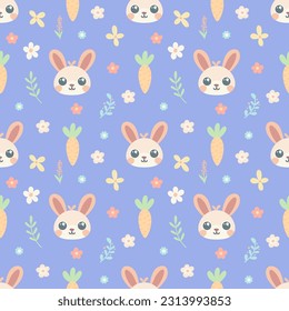 cute childish seamless pattern with bunny, carrot and flowers on a blue background