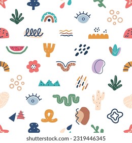 Cute Childish Seamless Pattern Captures The Essence Of Innocence And Playfulness. Watermelon, Rainbow, Flower