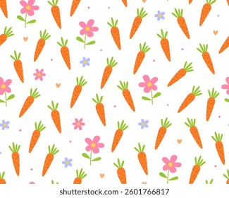 Cute childish seamless pattern, carrots and spring flowers on a white background. Easter day.
