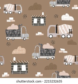 Cute childish seamless pattern with cars, trucks. Boys trendy print. Vector hand drawn illustration.