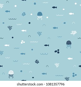 Cute childish seamless pattern in cartoon style. Funny little fishes and jellyfishes. Marine background. Kids texture. Sea, ocean. Vector illustration