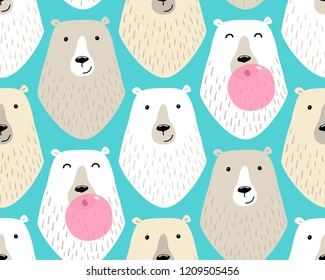 Cute childish seamless pattern with cartoon characters of different polar bears and bubble gum