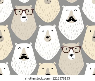 Cute childish seamless pattern with cartoon characters of different hipster bears with mustache and eye glasses