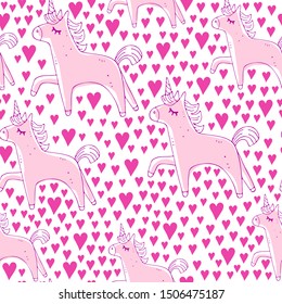 Cute childish seamless pattern with cartoon unicorns, hearts. vector. hand drawing. Design for fabric, print, textile, wrapping paper