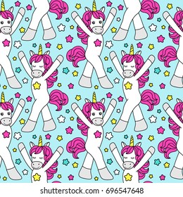 Cute childish seamless pattern with cartoon character of magic unicorn