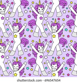 Cute childish seamless pattern with cartoon character of magic unicorn