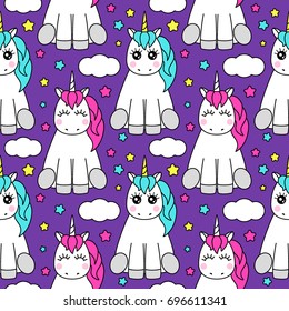 Cute childish seamless pattern with cartoon character of magic unicorn