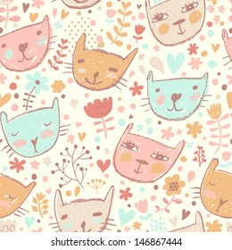 Cuidado patrón infantil sin costura con gatos y flores en colores pastel. Se puede usar un patrón sin inconvenientes para papel de pared, rellenos de patrones, fondos de páginas web, texturas superficiales.