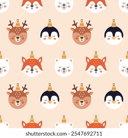 Cute childish seamless pattern with Christmas baubles shaped like animals, including a fox, penguin, deer and bear. Perfect for festive wrapping, textiles, or holiday decor. Kids baby background.