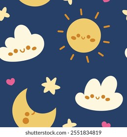 Cute childish seamless pattern with clouds, sun and stars. Vector hand-drawn elements. 