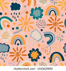 Cute childish seamless pattern with colorful elements : sun, cloud, rainbow. Vector colorful texture for kids