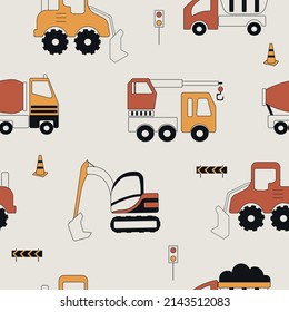 Cute childish seamless pattern of construction machinery. Cartoon hand drawn transport. Vector print with excavator, bulldozer, crane, dump truck. Toy cars helpers.