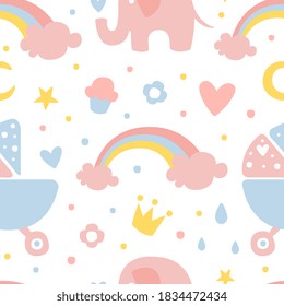 Cute Childish Seamless Pattern, Design Element Can be Used for Baby Apparel, Fabric, Textile, Nursery Decoration Cartoon Vector Illustration