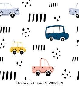 Cute childish seamless pattern with different colorful vehicles with abstract elements isolated on white background. Scandinavian style vector illustration.