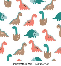 Cute childish seamless pattern from different dinosaurs. Vector illustration on white background. 