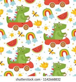 Cute childish seamless pattern. Dinosaur, watermelon, bird and rainbow. Baby Shower illustration. Dino driving a car. For fabric print, wrapping paper, etc.