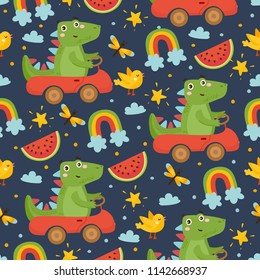 Cute childish seamless pattern. Dinosaur, watermelon, bird and rainbow. Baby Shower illustration. Dino driving a car. For fabric print, wrapping paper, etc.